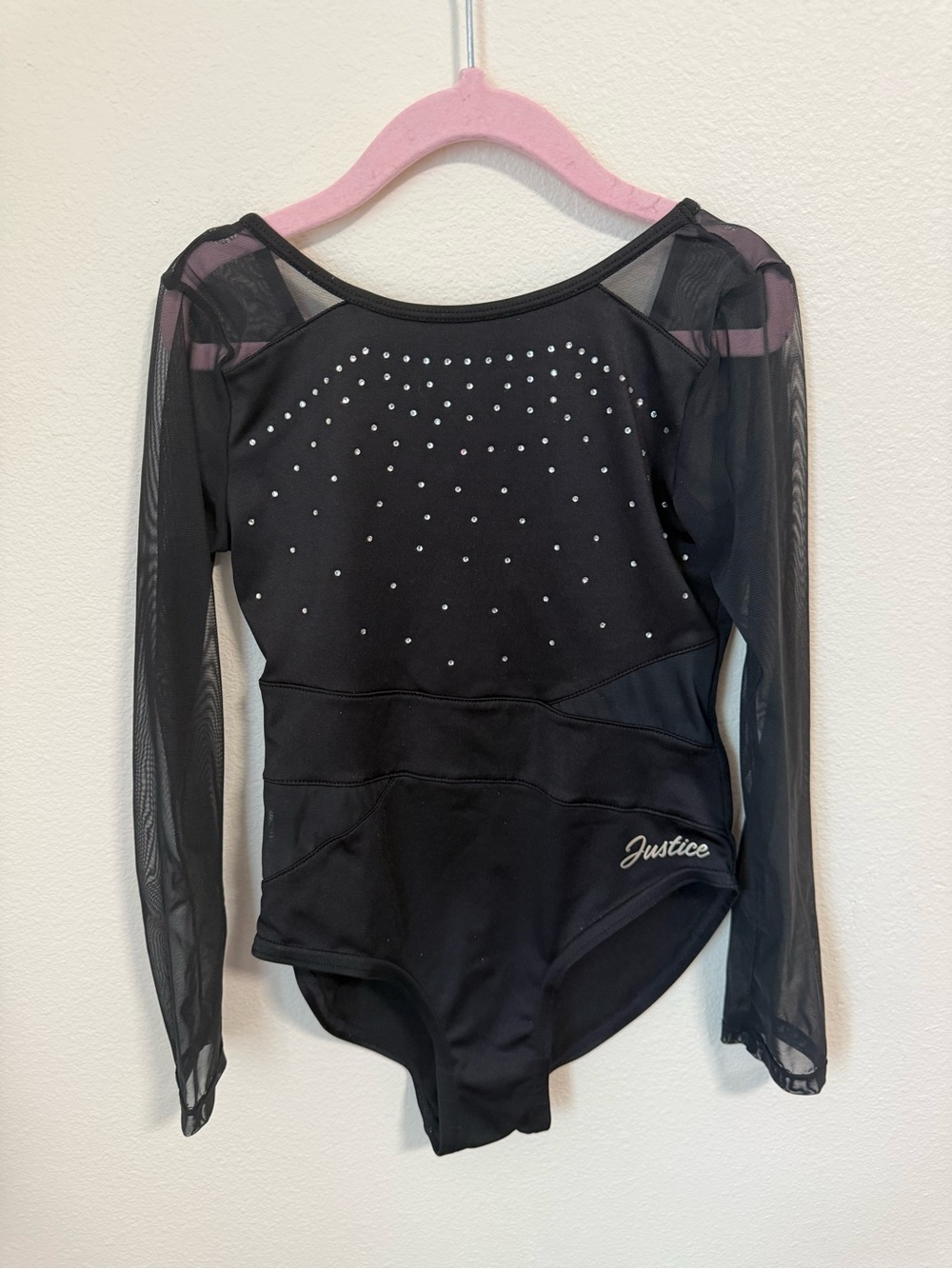 Justice Black Long Sleeve Leotard with Mesh Panels and Rhinestones
